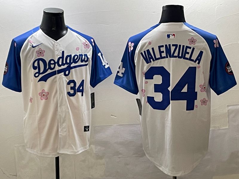 Men Los Angeles Dodgers 34 Valenzuela White Blue Sakura Edition 2025 Nike MLB Jersey style 8